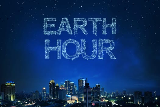 Earth Hour greeting from light the star on skyline above night city background