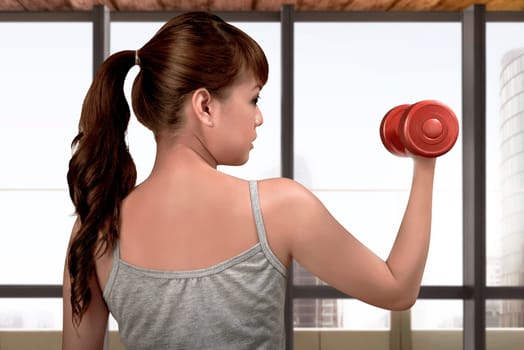 Athletic asian female in sportswear pumping up arm with dumbbell in the gym