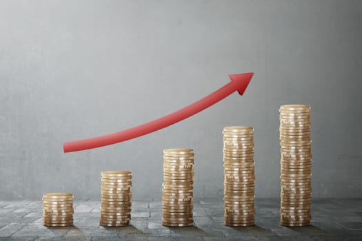 Coin stack with red arrow chart rise on grey background