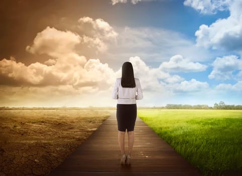 Back view of business woman standing between the changing environment. Concept of climate change.