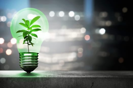 Green plant inside light bulb. Earth Hour Concept.