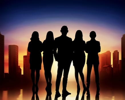Silhouettes of group business people on a cityscape background
