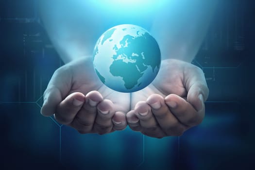 People hand holding floating earth on dark digital background. Earth hour concept.