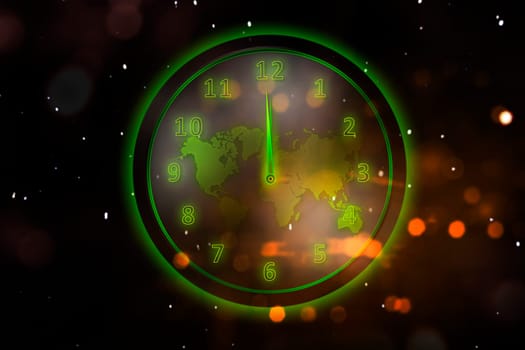 Glowing green clock with world map. Earth Hour Concept.