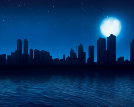 Modern cityscape with its reflection from river at night