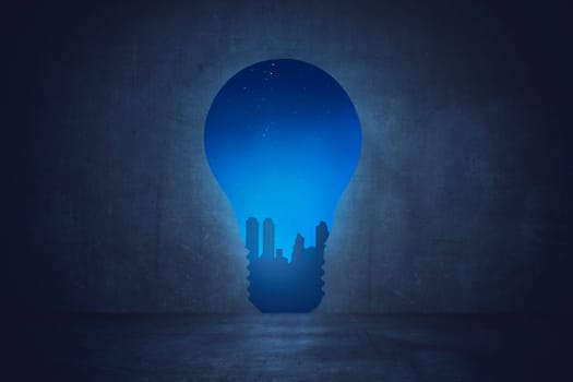 Silhouette view of cityscape at night on bulb hole on the wall