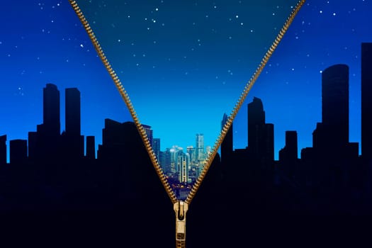 Open zipper showing cityscape at night changing to cityscape without light. Earth Hour Concept.