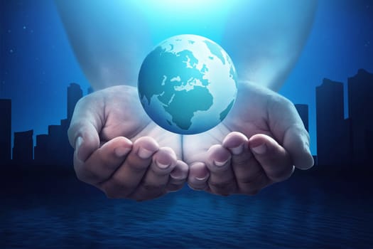 People hand holding floating earth with silhouette cityscape at night. Earth hour concept.