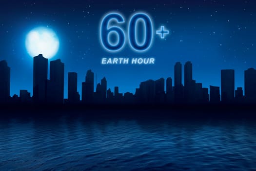 Earth hour message to turn off electrical equipment in 60 minutes with nightlife at city background