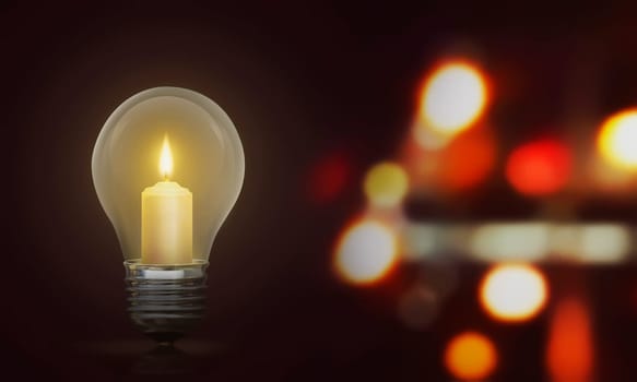 Candlelight on light bulb illuminate the dark room against blurred light background