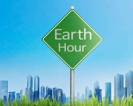 Earth Hour greeting on traffic sign in modern city background