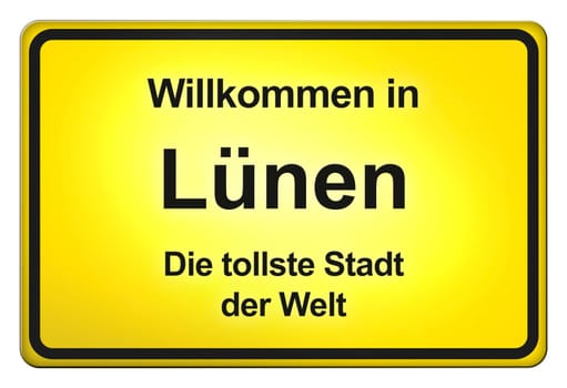 A yellow entrance sign with friendly welcome - Welcome