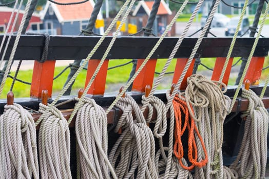 lots of braided ropes on a large sailboat