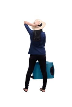 Back view of asian woman with suitcase isolated over white background