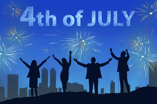 Silhouette of happy people celebrating 4th of July with fireworks at night