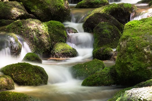 Mountain stream in the forest,waterfall with moss covered stones and long exposure