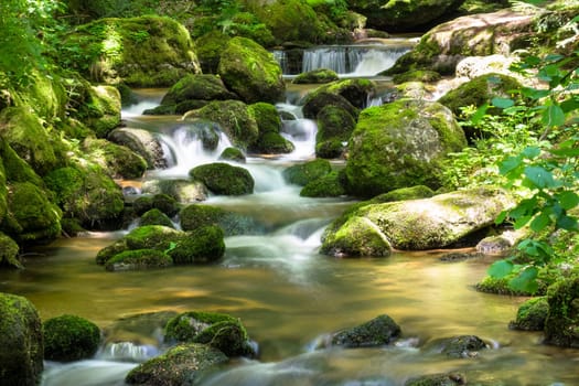 Mountain stream in the forest,waterfall with moss covered stones and long exposure