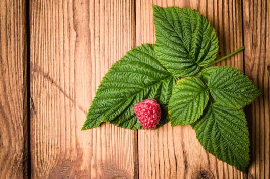 Berry raspberries with leaves on a wooden surface, close-up