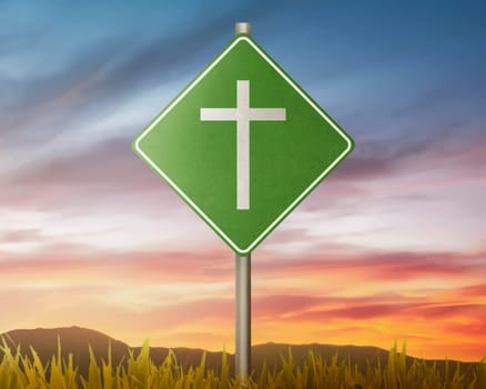 Traffic road with christian cross with sunset background