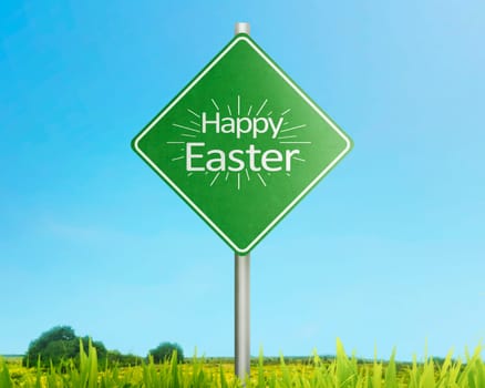 Happy easter greetings on traffic sign in the meadow field