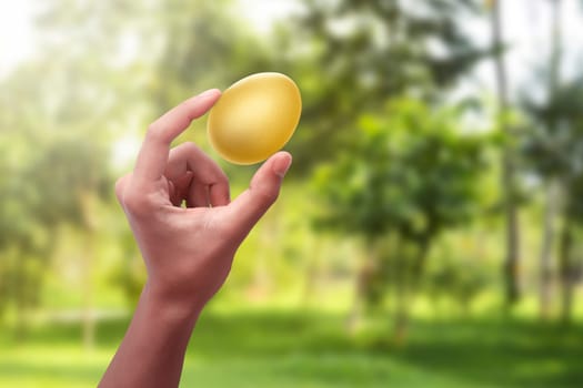People hand holding golden easter egg on the field