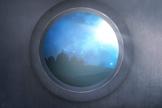 Silhouette of mosque with shiny moonlight from window at night