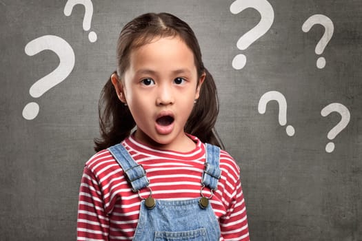 Cheerful asian child expression with question mark above her head over blackboard background