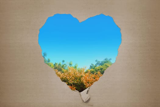 Forest with blue sky looking from ripped paper with heart shape