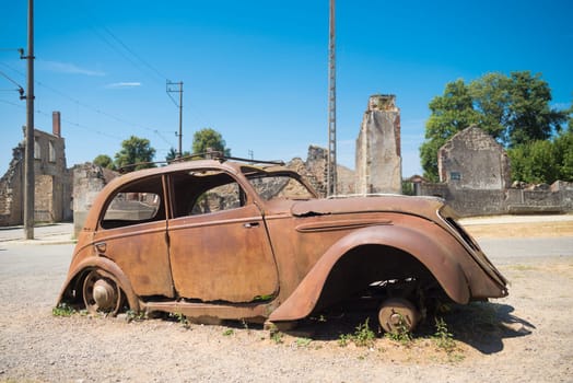 The ruins of Oradour-sur-glane, the by the nazis destroyed french village in WW2