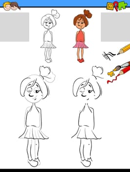 Cartoon Illustration of Drawing and Coloring Educational Activity for Preschool with Girl Character