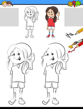 Cartoon Illustration of Drawing and Coloring Educational Activity for Preschool with Kid Girl Character