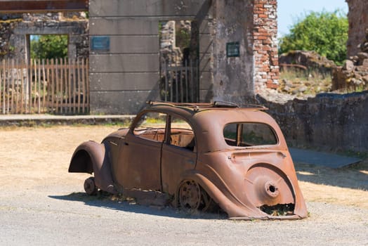 The ruins of Oradour-sur-glane, the by the nazis destroyed french village in WW2