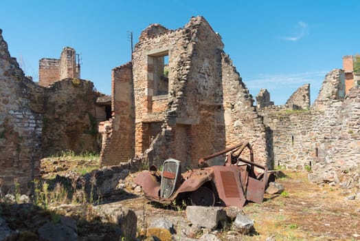 The ruins of Oradour-sur-glane, the by the nazis destroyed french village in WW2