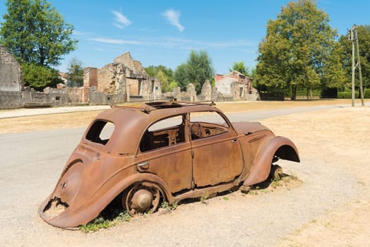 The ruins of Oradour-sur-glane, the by the nazis destroyed french village in WW2