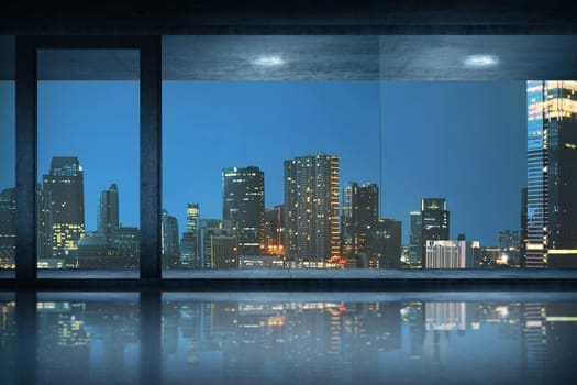 Empty office room with view of the city at night