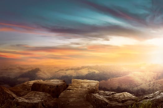 Landscape on the top of the hill looking wonderful scenery in mountains during sunset