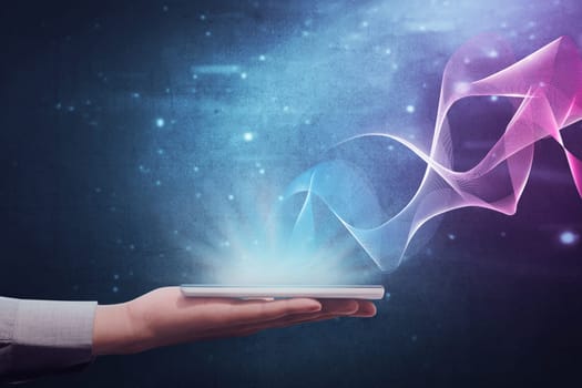 Businessman hand holding modern mobile phone in his hand with visual digital background