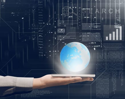 Businessman holding mobile phone in his hand with globe on it against futuristic technology background