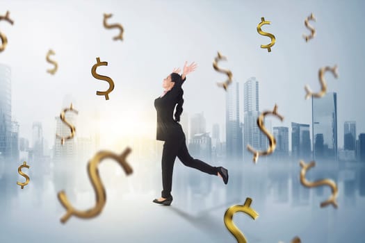 Happy asian business woman with falling money around her on futuristic background