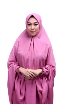 Young asian muslim woman wearing hijab smiling isolated over white background