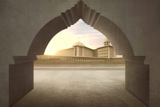 Gate with majestic mosque view during sunset