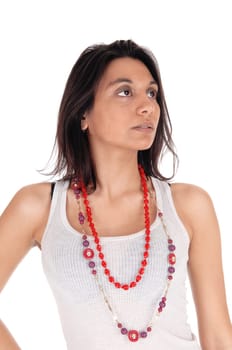 A young Hispanic woman in a white t-shirt and necklace looking up,.portrait isolated for white background..