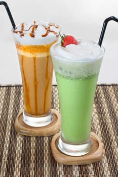 Mocca and Green tea smoothies served cold