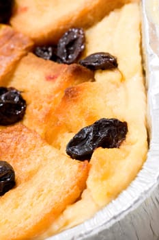 Cake made from breadl covered with raisins