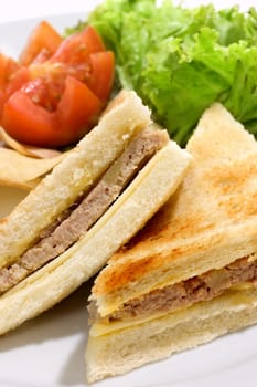 Sandwich, made from bread fill with meat, served with tomato and salad