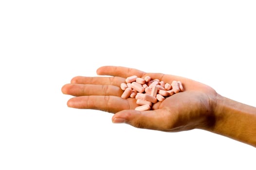 A lots of tablets in man's hands on white background