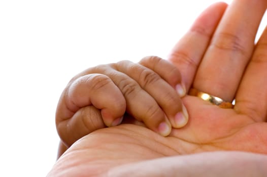 Baby hold mother's hand on white background