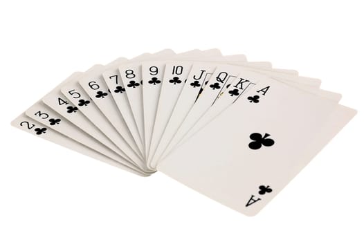 Full set of club suit playing cards isolated on white background