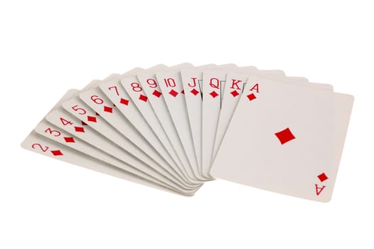 Full set of diamond suit playing cards isolated on white background