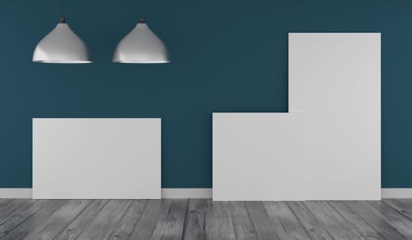 Three Mock up poster in a modern room with a wooden floor, 3d rendering